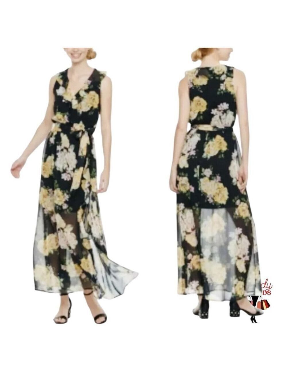Disney Princess Small Maxi Dress Feminine Floral Black Yellow Sheer Ruffle Slit